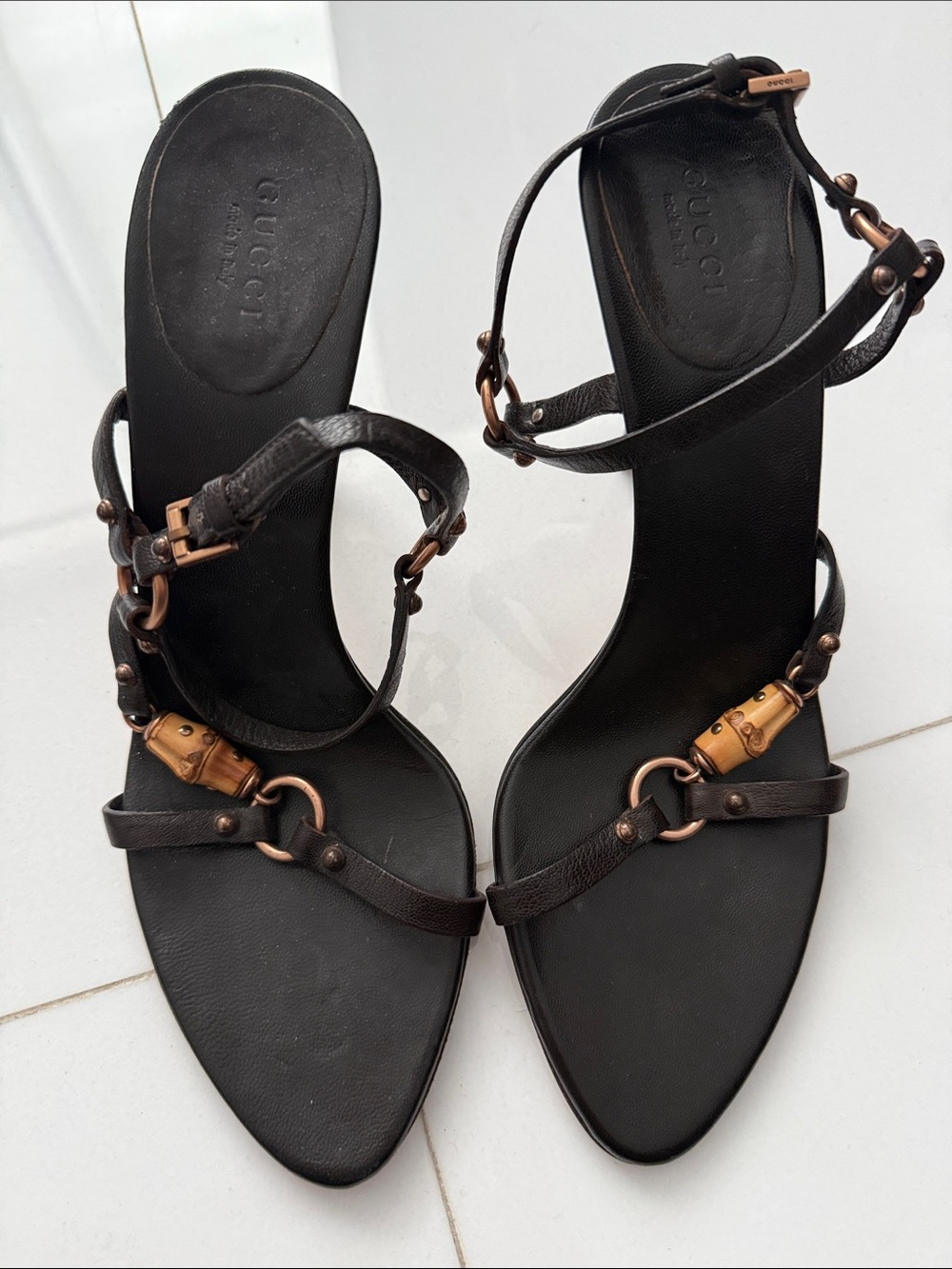 Gucci Black Leather Bamboo-Accent Ankle Strap Sandals